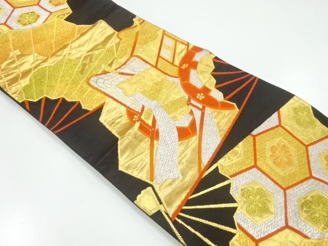 JAPANESE KIMONO / ANTIQUE FUKURO OBI / SILK / WOVEN FOLDING FAN & CARRIAGE